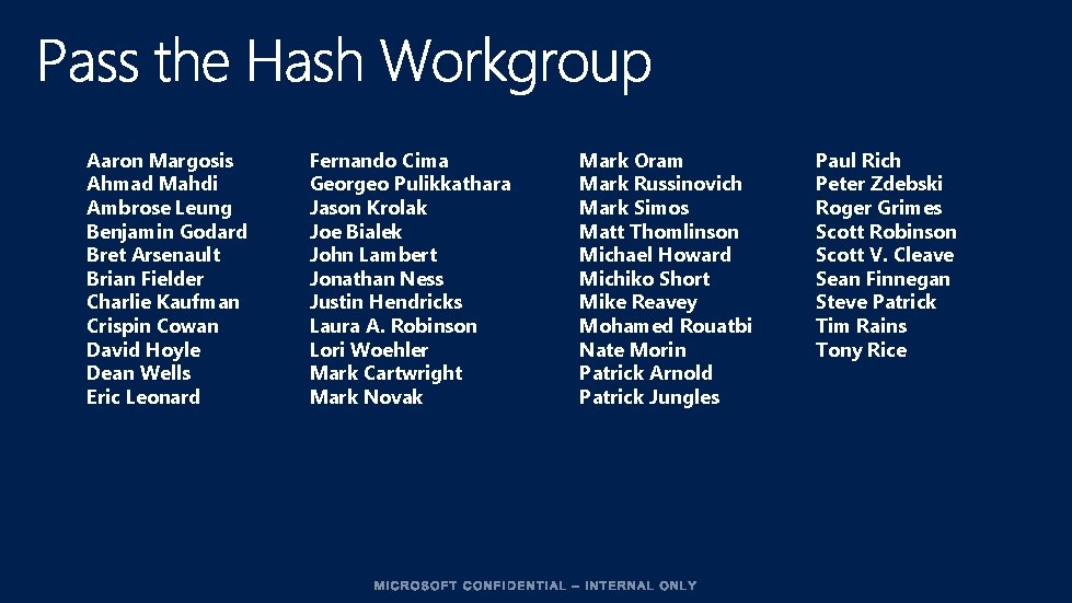 Aaron Margosis Ahmad Mahdi Ambrose Leung Benjamin Godard Bret Arsenault Brian Fielder Charlie Kaufman