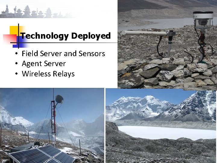 Technology Deployed • Field Server and Sensors • Agent Server • Wireless Relays 