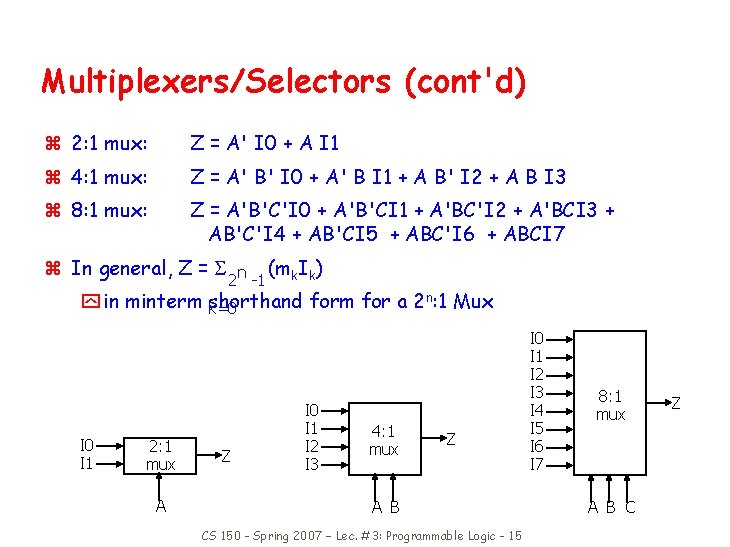 Multiplexers/Selectors (cont'd) z 2: 1 mux: Z = A' I 0 + A I