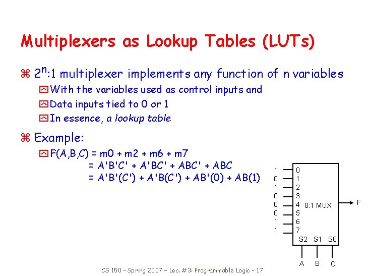 Multiplexers as Lookup Tables (LUTs) z 2 n: 1 multiplexer implements any function of