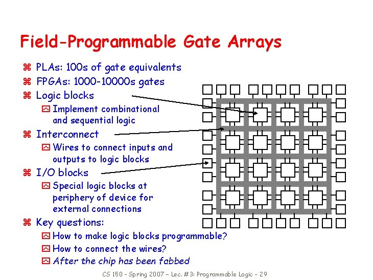 Field-Programmable Gate Arrays z PLAs: 100 s of gate equivalents z FPGAs: 1000 -10000