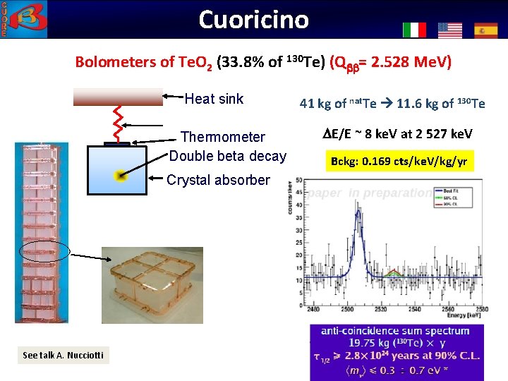 Cuoricino Bolomètres: CUORICINO Bolometers of Te. O 2 (33. 8% of 130 Te) (Qbb=