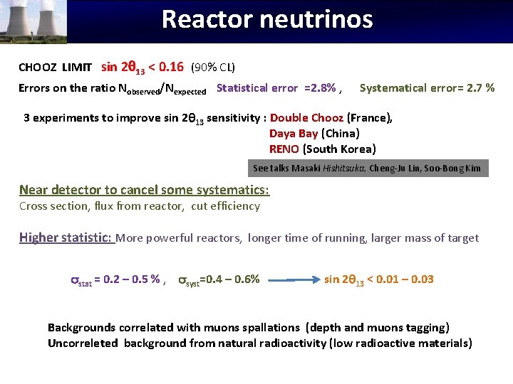 Reactor neutrinos CHOOZ LIMIT sin 2 13 < 0. 16 (90% CL) Errors on