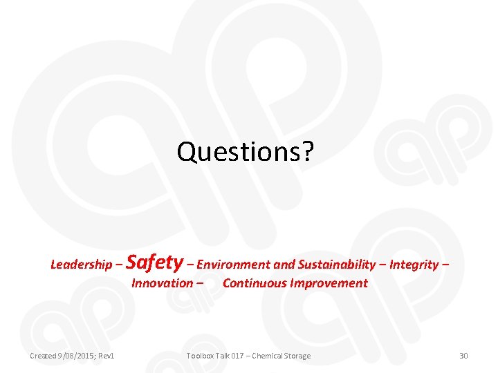 Questions? Leadership – Safety – Environment and Sustainability – Integrity – Innovation – Created