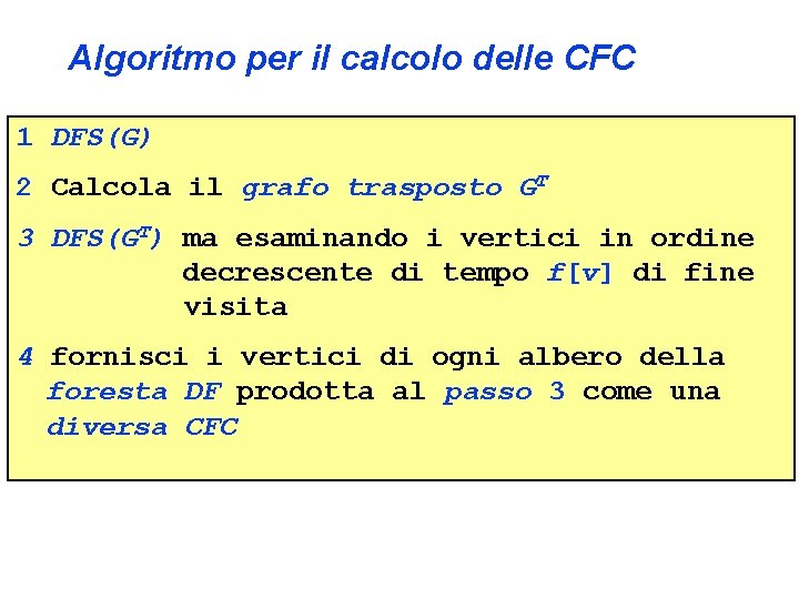 Algoritmo per il calcolo delle CFC 1 DFS(G) 2 Calcola il grafo trasposto GT