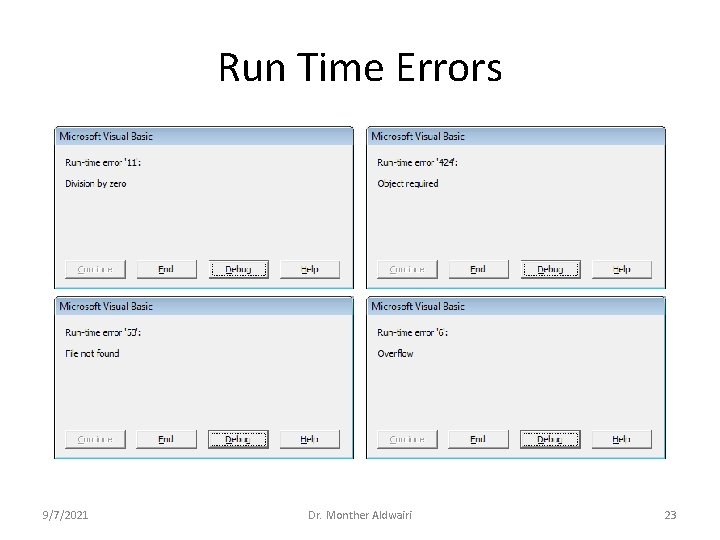 Run Time Errors 9/7/2021 Dr. Monther Aldwairi 23 