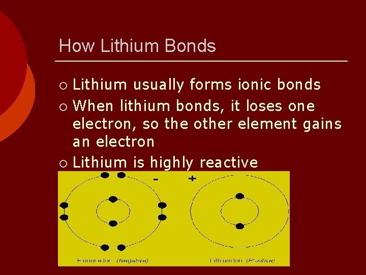 How Lithium Bonds Lithium usually forms ionic bonds ¡ When lithium bonds, it loses