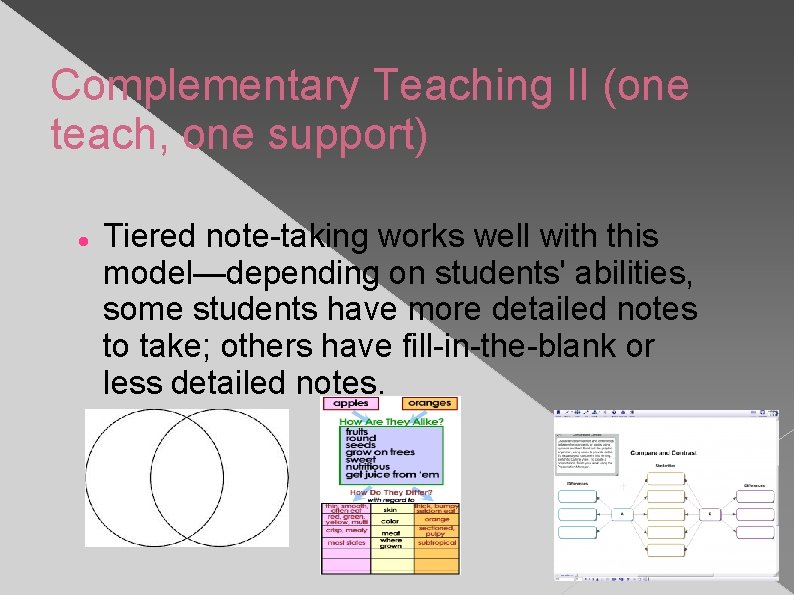 Complementary Teaching II (one teach, one support) Tiered note-taking works well with this model—depending
