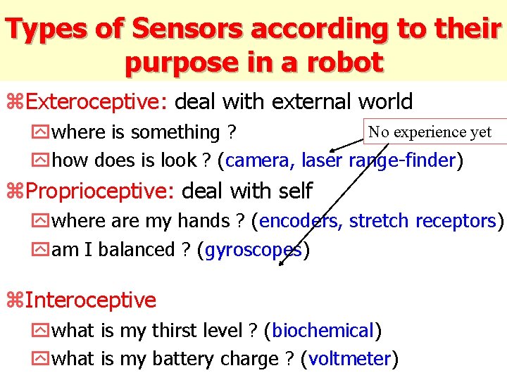 Types of Sensors according to their purpose in a robot z. Exteroceptive: deal with