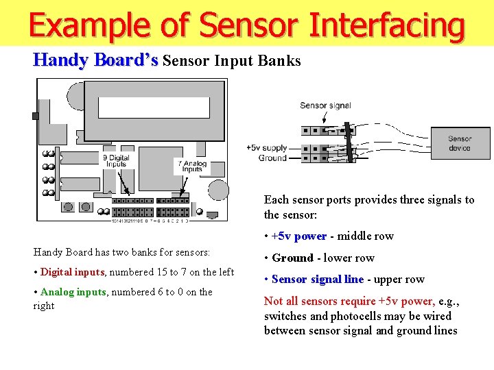 Example of Sensor Interfacing Handy Board’s Sensor Input Banks Each sensor ports provides three