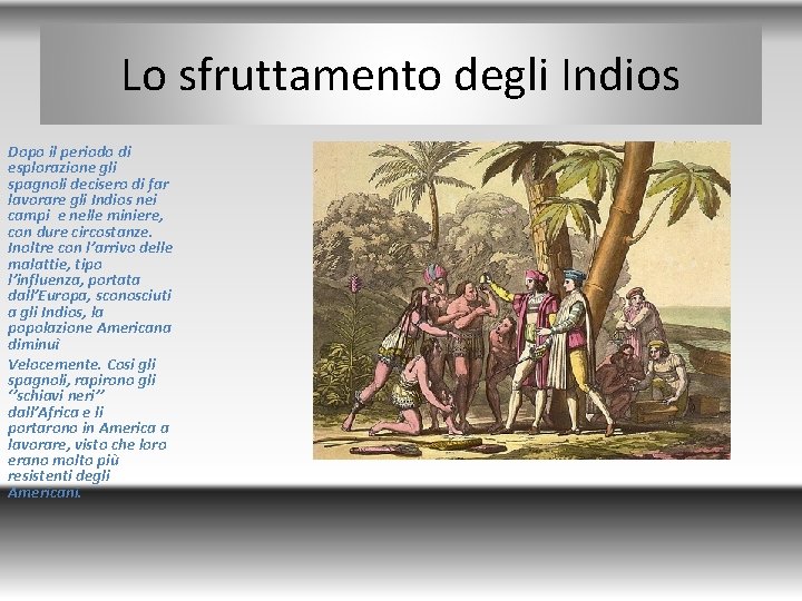 Lo sfruttamento degli Indios Dopo il periodo di esplorazione gli spagnoli decisero di far