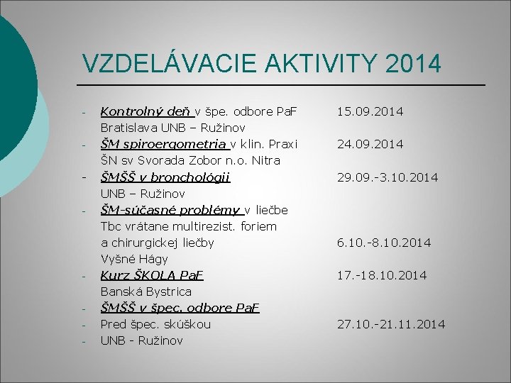 VZDELÁVACIE AKTIVITY 2014 - - - Kontrolný deň v špe. odbore Pa. F Bratislava