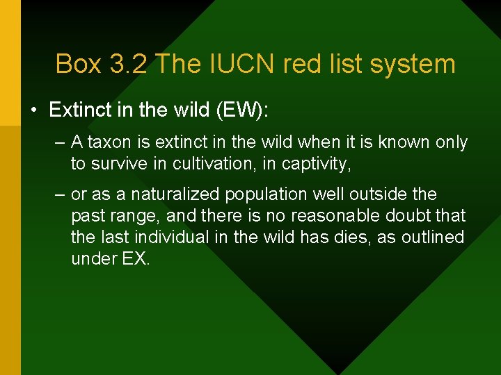 Box 3. 2 The IUCN red list system • Extinct in the wild (EW):