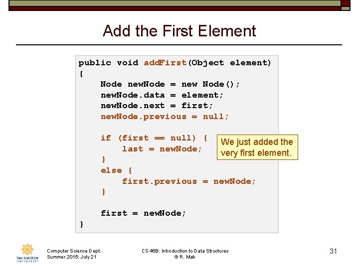 Add the First Element public void add. First(Object element) { Node new. Node =
