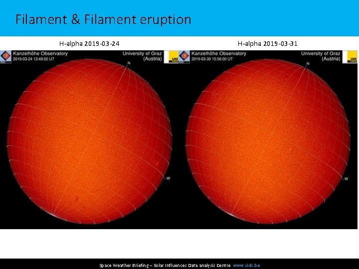 Filament & Filament eruption H-alpha 2019 -03 -24 H-alpha 2019 -03 -31 Space Weather
