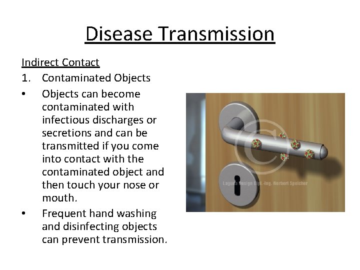 Disease Transmission Indirect Contact 1. Contaminated Objects • Objects can become contaminated with infectious