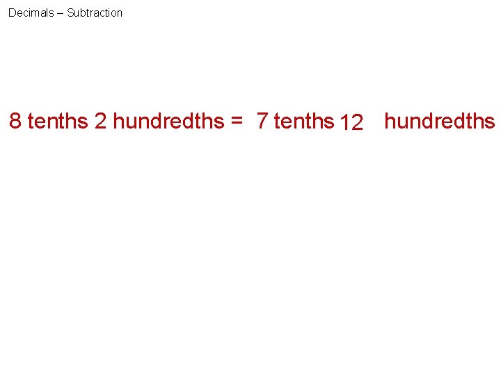 Decimals – Subtraction 8 tenths 2 hundredths = 7 tenths 12 ? hundredths 