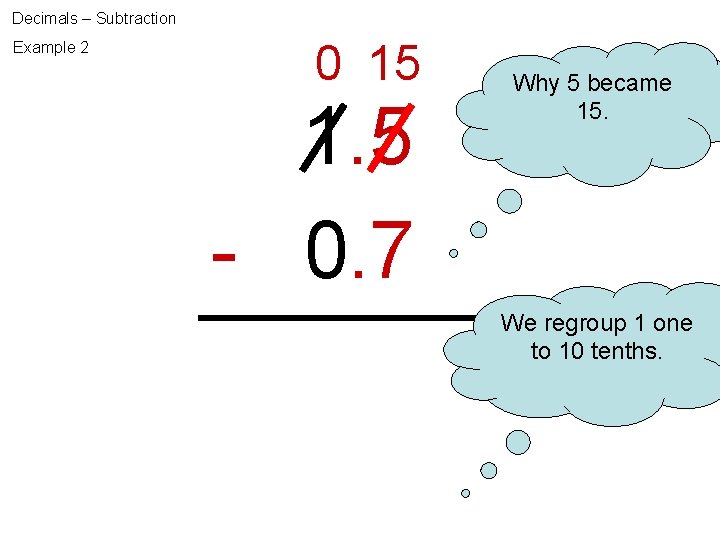 Decimals – Subtraction Example 2 0 15 1. 5 - 0. 7 Why 5