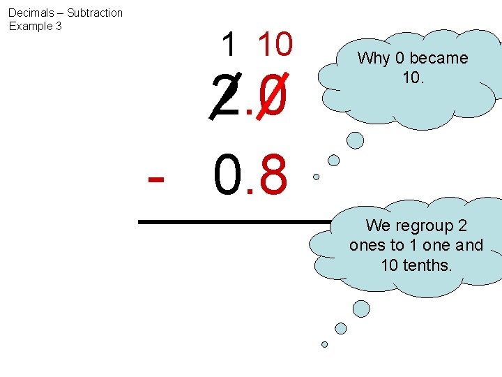 Decimals – Subtraction Example 3 1 10 2. 0 - 0. 8 Why 0