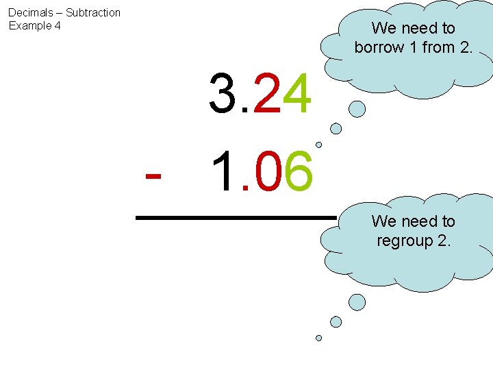 Decimals – Subtraction Example 4 We need to borrow 1 from 2. 3. 24