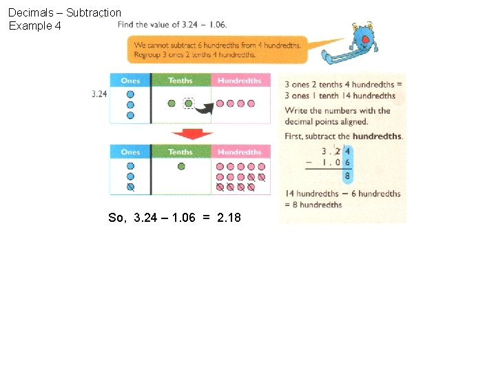 Decimals – Subtraction Example 4 So, 3. 24 – 1. 06 = 2. 18