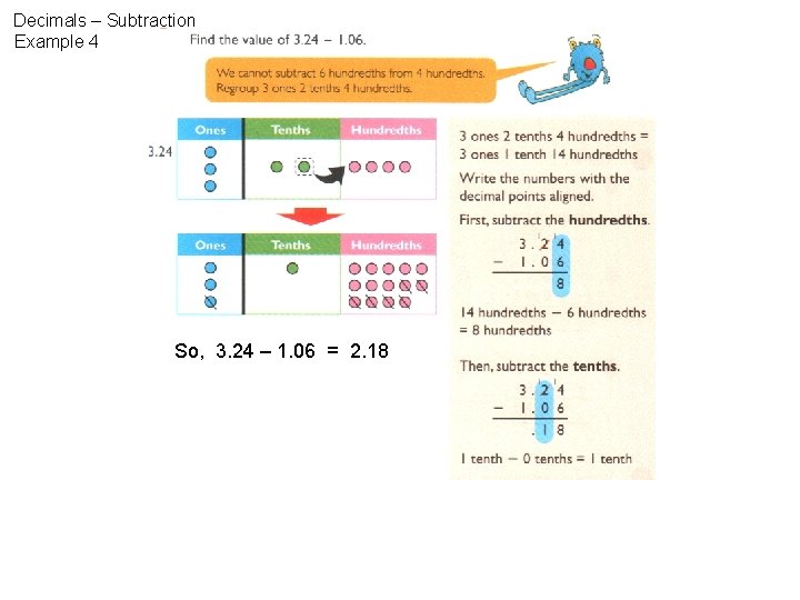 Decimals – Subtraction Example 4 So, 3. 24 – 1. 06 = 2. 18