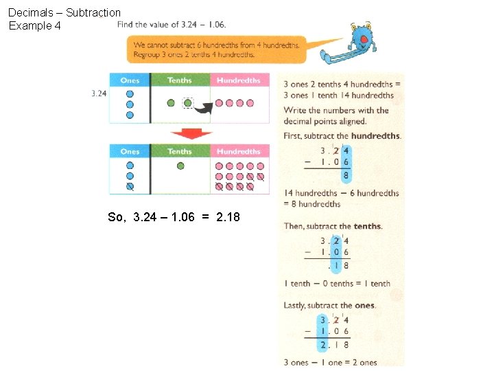 Decimals – Subtraction Example 4 So, 3. 24 – 1. 06 = 2. 18