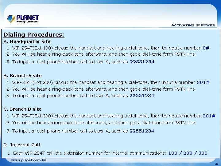 Dialing Procedures: A. Headquarter site 1. VIP-254 T(Ext. 100) pickup the handset and hearing