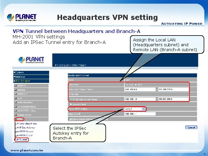Headquarters VPN setting VPN Tunnel between Headquarters and Branch-A MH-2001 VPN settings Assign the