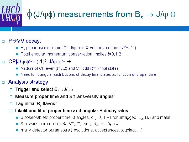  (J/ ) measurements from Bs J/ P VV decay: Bs pseudoscalar (spin=0), J/ψ