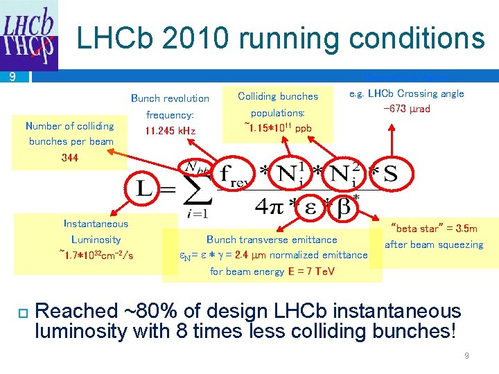 LHCb 2010 running conditions 9 Number of colliding bunches per beam 344 Bunch revolution