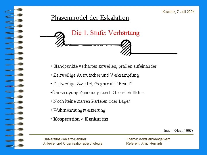 Koblenz, 7. Juli 2004 Phasenmodel der Eskalation Die 1. Stufe: Verhärtung • Standpunkte verhärten