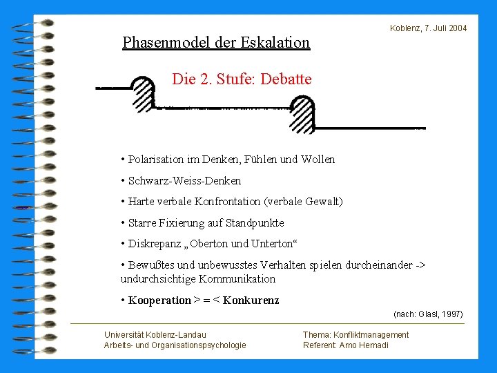 Koblenz, 7. Juli 2004 Phasenmodel der Eskalation Die 2. Stufe: Debatte • Polarisation im