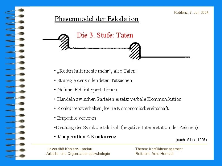 Koblenz, 7. Juli 2004 Phasenmodel der Eskalation Die 3. Stufe: Taten • „Reden hilft