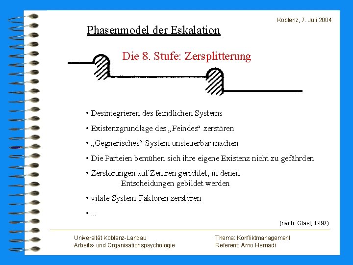 Koblenz, 7. Juli 2004 Phasenmodel der Eskalation Die 8. Stufe: Zersplitterung • Desintegrieren des
