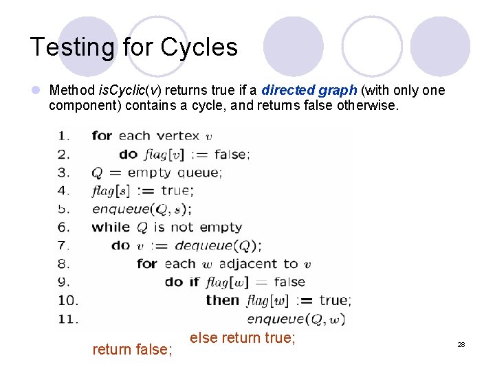 Testing for Cycles l Method is. Cyclic(v) returns true if a directed graph (with