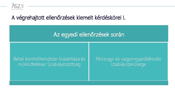 A végrehajtott ellenőrzések kiemelt kérdéskörei I. Az egyedi ellenőrzések során Belső kontrollrendszer kialakítása és