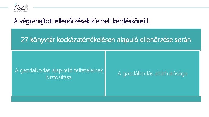 A végrehajtott ellenőrzések kiemelt kérdéskörei II. 27 könyvtár kockázatértékelésen alapuló ellenőrzése során A gazdálkodás