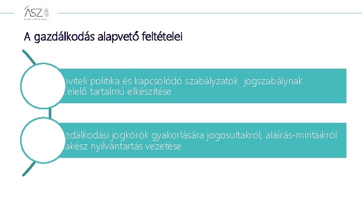 A gazdálkodás alapvető feltételei Számviteli politika és kapcsolódó szabályzatok jogszabálynak megfelelő tartalmú elkészítése A