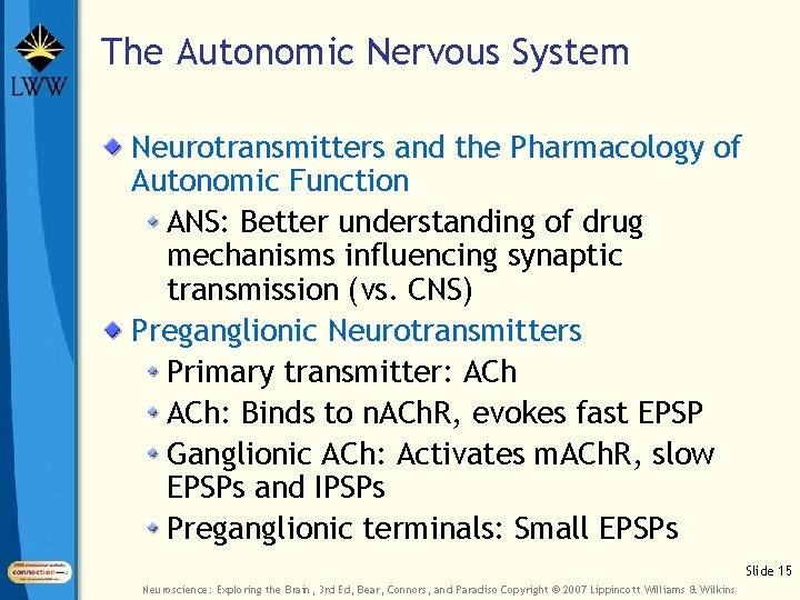 The Autonomic Nervous System Neurotransmitters and the Pharmacology of Autonomic Function ANS: Better understanding