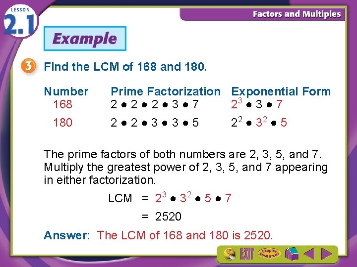 Find the LCM of 168 and 180. Number 168 180 Prime Factorization Exponential Form