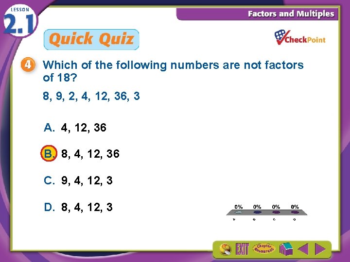 Which of the following numbers are not factors of 18? 8, 9, 2, 4,