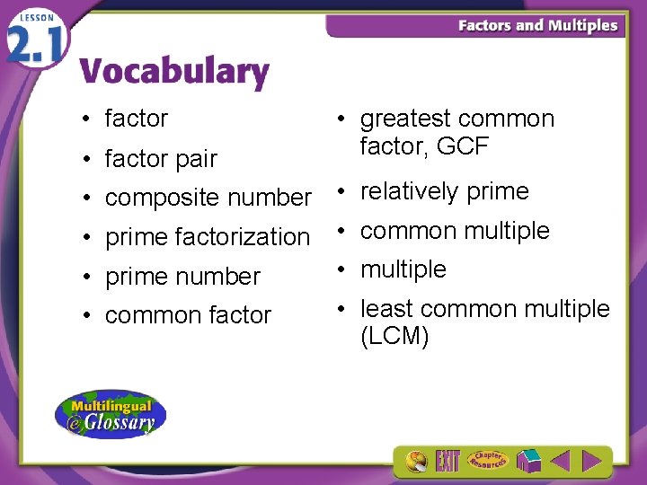  • factor pair • greatest common factor, GCF • composite number • relatively