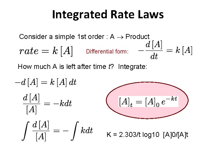 Integrated Rate Laws Consider a simple 1 st order : A Product Differential form: