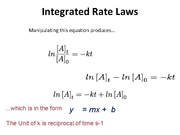 Integrated Rate Laws Manipulating this equation produces… …which is in the form y =