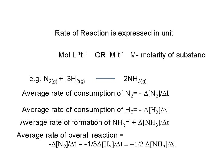 Rate of Reaction is expressed in unit Mol L-1 t-1 e. g. N 2(g)