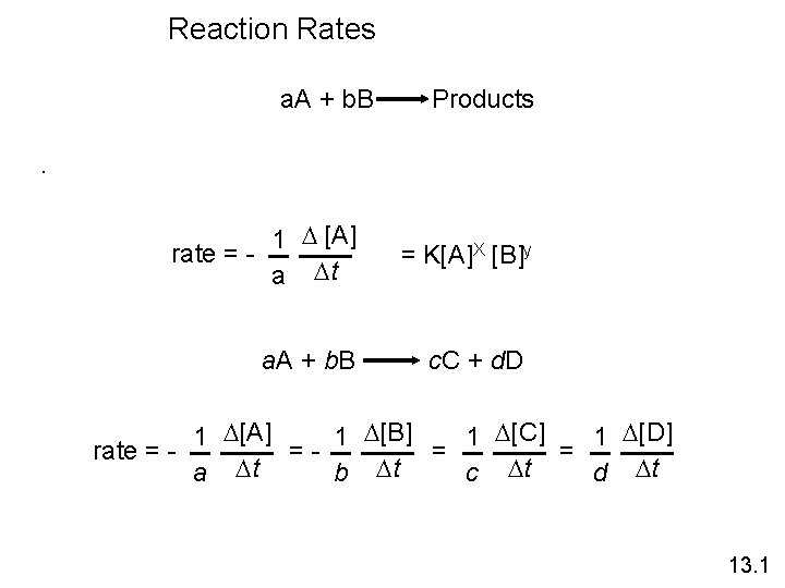 Reaction Rates a. A + b. B Products . 1 D [A] rate =