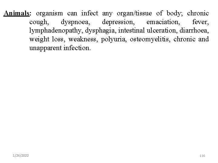 Animals: organism can infect any organ/tissue of body; chronic cough, dyspnoea, depression, emaciation, fever,