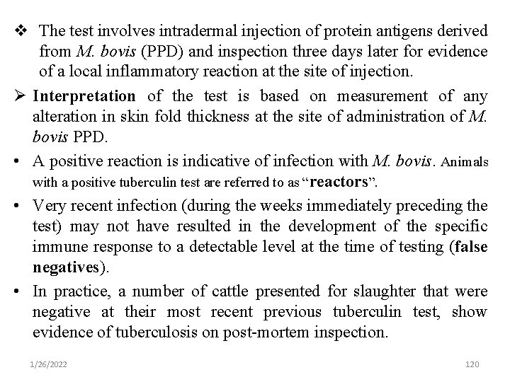  The test involves intradermal injection of protein antigens derived from M. bovis (PPD)