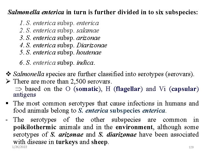 Salmonella enterica in turn is further divided in to six subspecies: 1. S. enterica